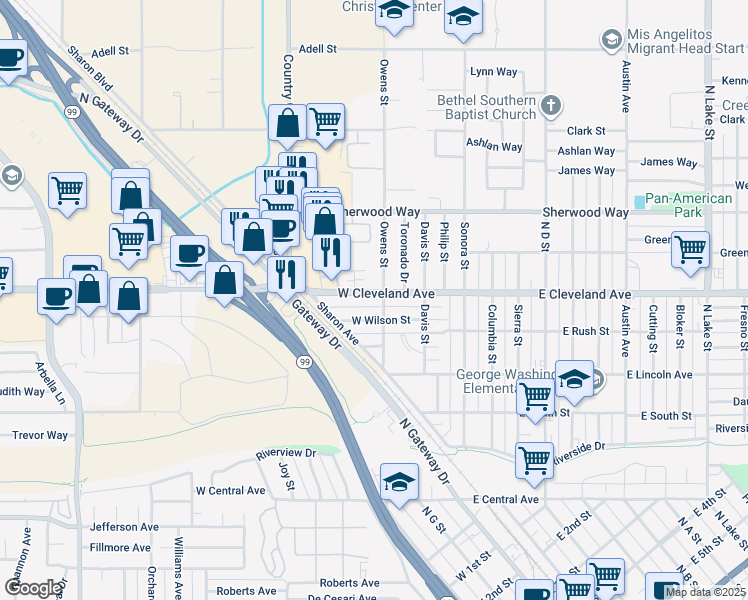 map of restaurants, bars, coffee shops, grocery stores, and more near 304 West Cleveland Avenue in Madera