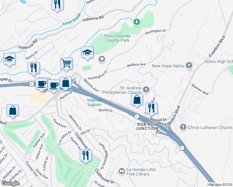 map of restaurants, bars, coffee shops, grocery stores, and more near 116 Jaunell Road in Aptos