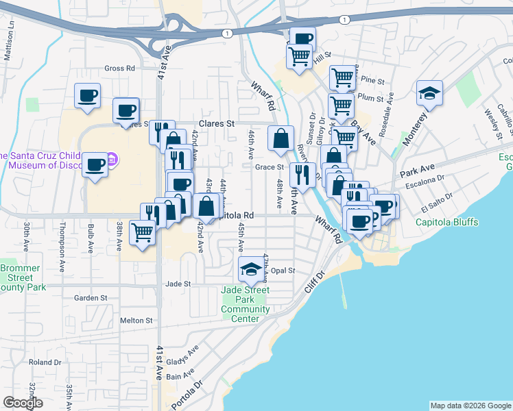 map of restaurants, bars, coffee shops, grocery stores, and more near 1710 46th Avenue in Capitola