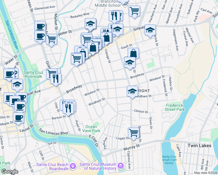 map of restaurants, bars, coffee shops, grocery stores, and more near 206 Pennsylvania Avenue in Santa Cruz