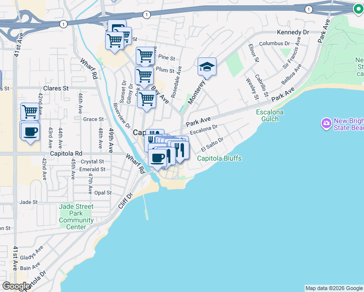 map of restaurants, bars, coffee shops, grocery stores, and more near 216 Central Avenue in Capitola