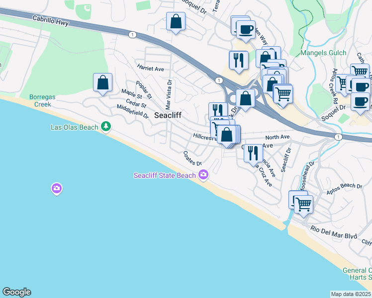 map of restaurants, bars, coffee shops, grocery stores, and more near Park Drive in Aptos