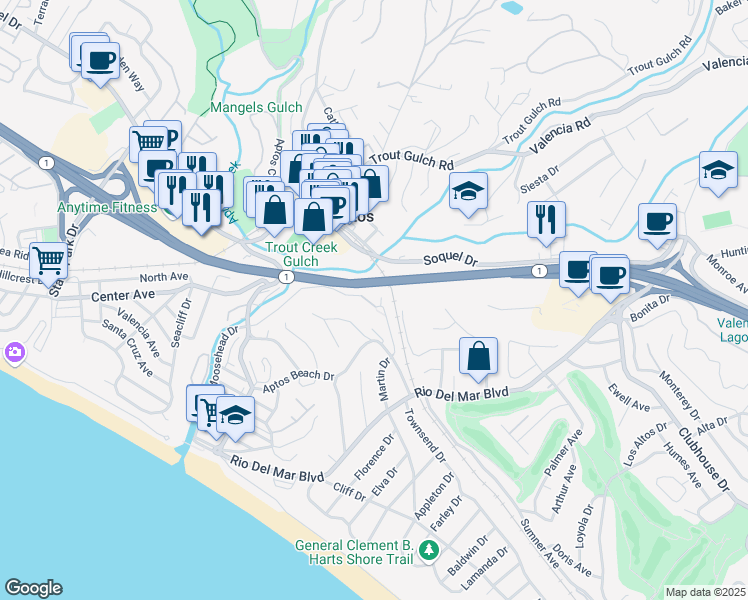 map of restaurants, bars, coffee shops, grocery stores, and more near 270 Carrera Circle in Aptos