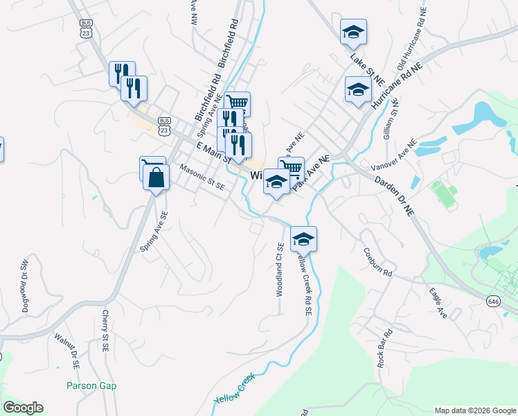 map of restaurants, bars, coffee shops, grocery stores, and more near 324 Modoc Avenue Southeast in Wise