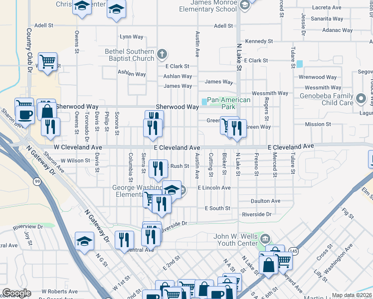 map of restaurants, bars, coffee shops, grocery stores, and more near 1110 Austin Street in Madera