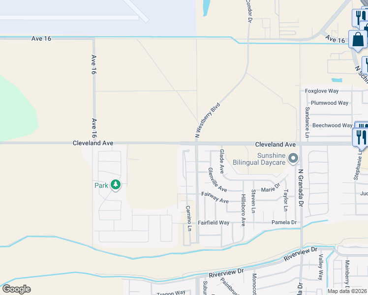 map of restaurants, bars, coffee shops, grocery stores, and more near 3321 Camino Court in Madera
