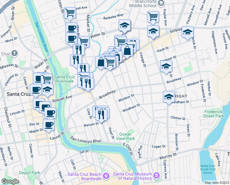 map of restaurants, bars, coffee shops, grocery stores, and more near 516 Ocean View Avenue in Santa Cruz