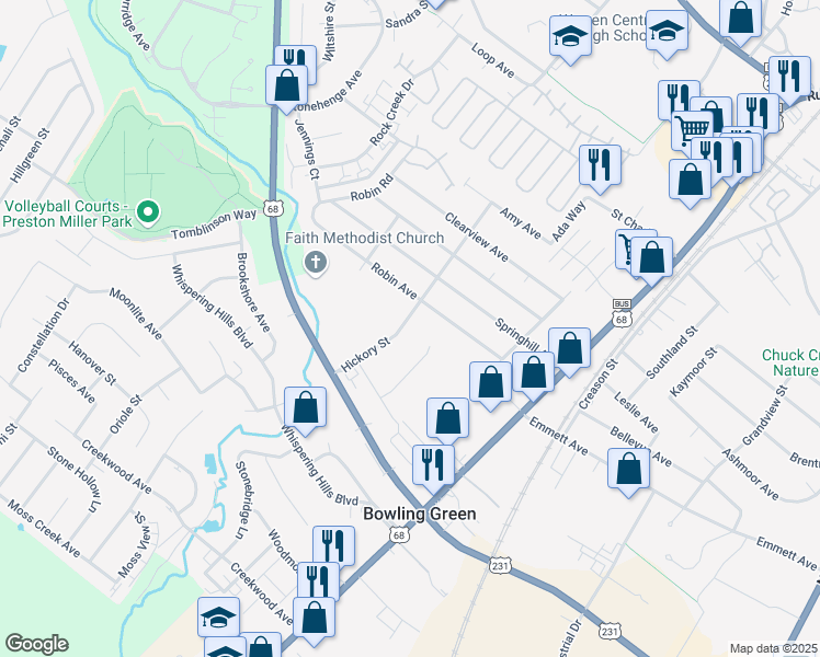 map of restaurants, bars, coffee shops, grocery stores, and more near 291 Hickory Street in Bowling Green
