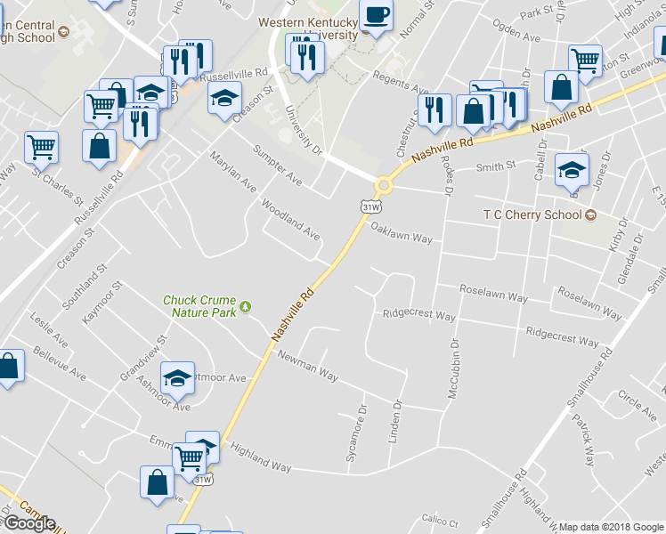 map of restaurants, bars, coffee shops, grocery stores, and more near 2001 Nashville Road in Bowling Green