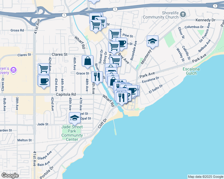 map of restaurants, bars, coffee shops, grocery stores, and more near 414 Riverview Avenue in Capitola
