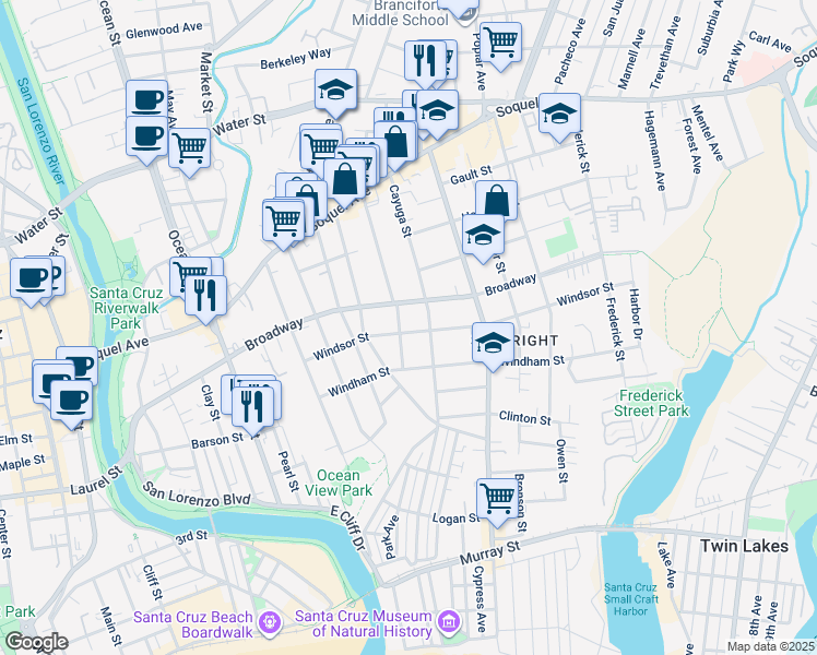 map of restaurants, bars, coffee shops, grocery stores, and more near 501 Windsor Street in Santa Cruz