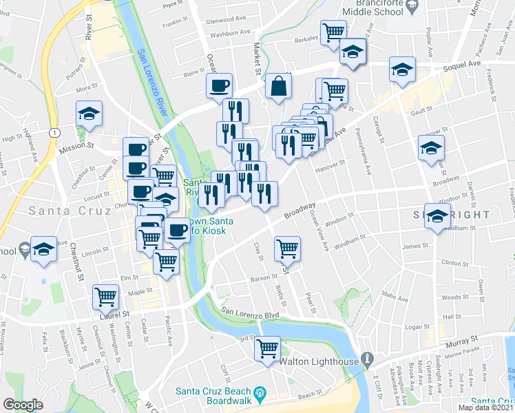 map of restaurants, bars, coffee shops, grocery stores, and more near 500 Ocean Street in Santa Cruz