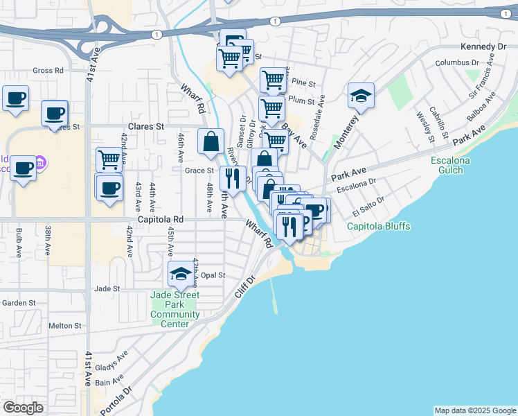 map of restaurants, bars, coffee shops, grocery stores, and more near 425 Riverview Avenue in Capitola