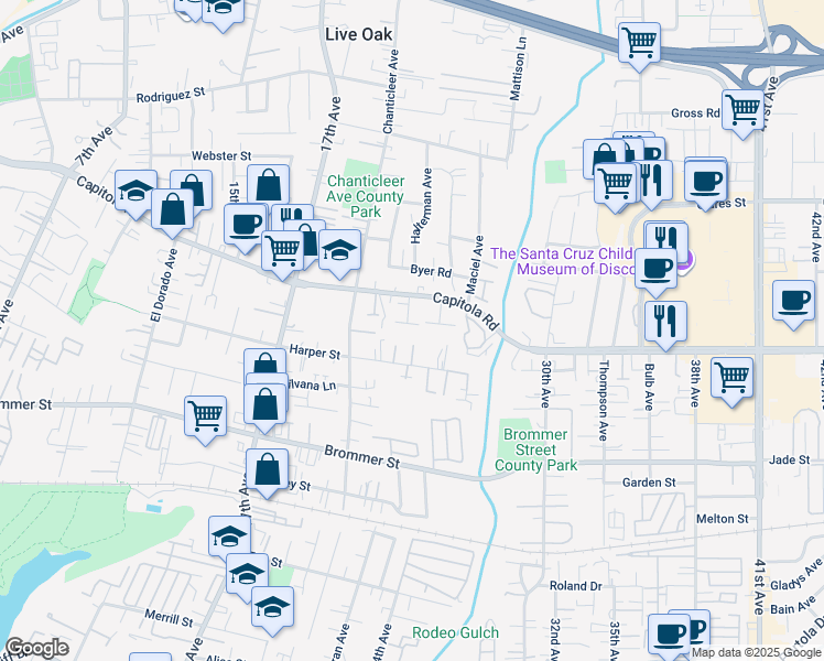map of restaurants, bars, coffee shops, grocery stores, and more near 2320 Amber Avenue in Santa Cruz