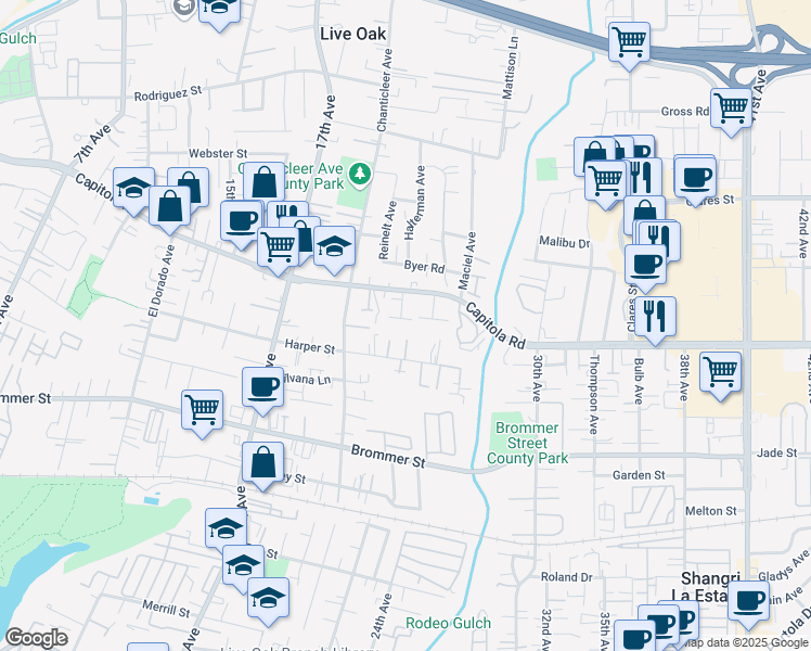 map of restaurants, bars, coffee shops, grocery stores, and more near 2320 Amber Avenue in Santa Cruz