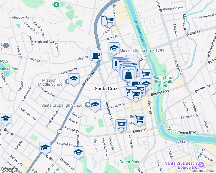 map of restaurants, bars, coffee shops, grocery stores, and more near 239 Union Street in Santa Cruz