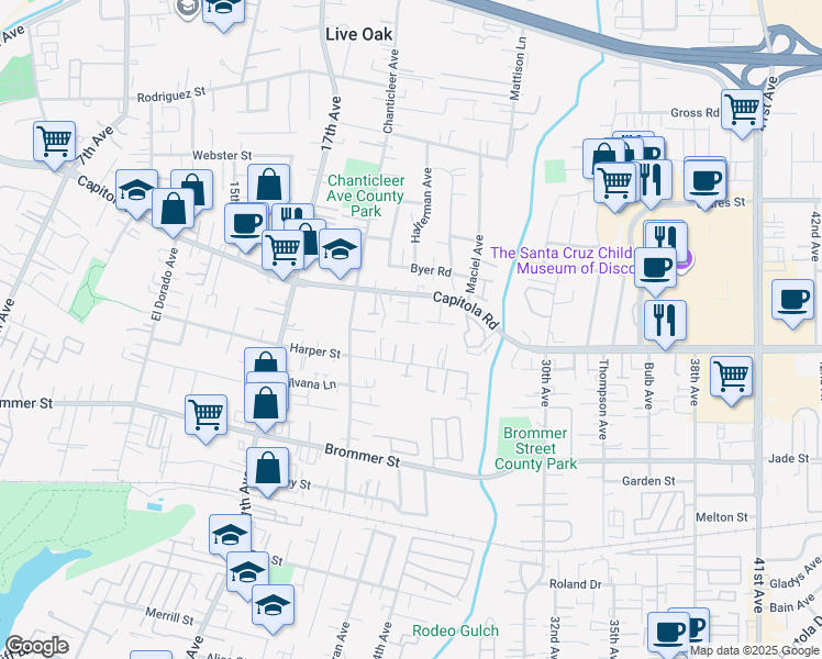 map of restaurants, bars, coffee shops, grocery stores, and more near 2320 Amber Avenue in Santa Cruz