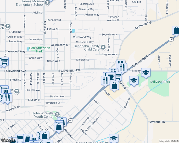 map of restaurants, bars, coffee shops, grocery stores, and more near 1105 Celeste Court in Madera