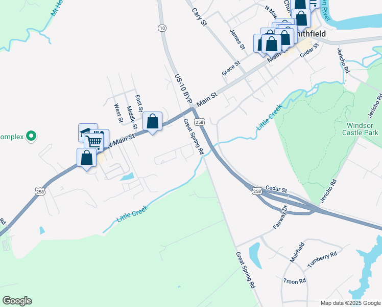 map of restaurants, bars, coffee shops, grocery stores, and more near 205 Hillcrest Drive in Smithfield