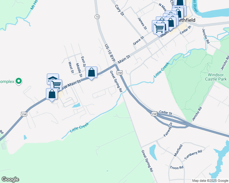 map of restaurants, bars, coffee shops, grocery stores, and more near 205 Hillcrest Drive in Smithfield