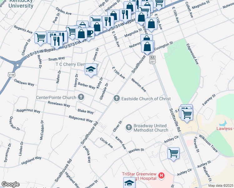 map of restaurants, bars, coffee shops, grocery stores, and more near 1666 Smallhouse Road in Bowling Green