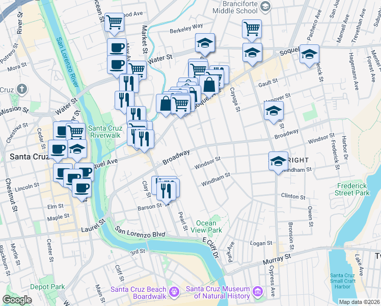 map of restaurants, bars, coffee shops, grocery stores, and more near 516 Ocean View Avenue in Santa Cruz