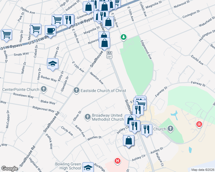 map of restaurants, bars, coffee shops, grocery stores, and more near 1401-1499 Scottsville Road in Bowling Green
