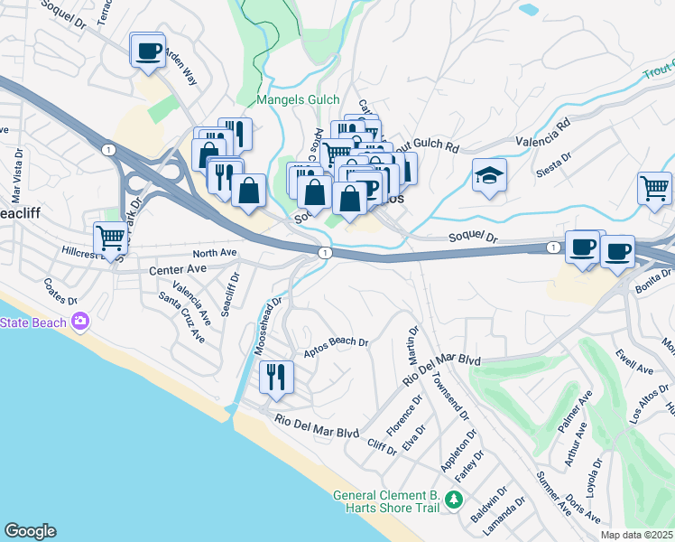 map of restaurants, bars, coffee shops, grocery stores, and more near 321 Moosehead Drive in Aptos