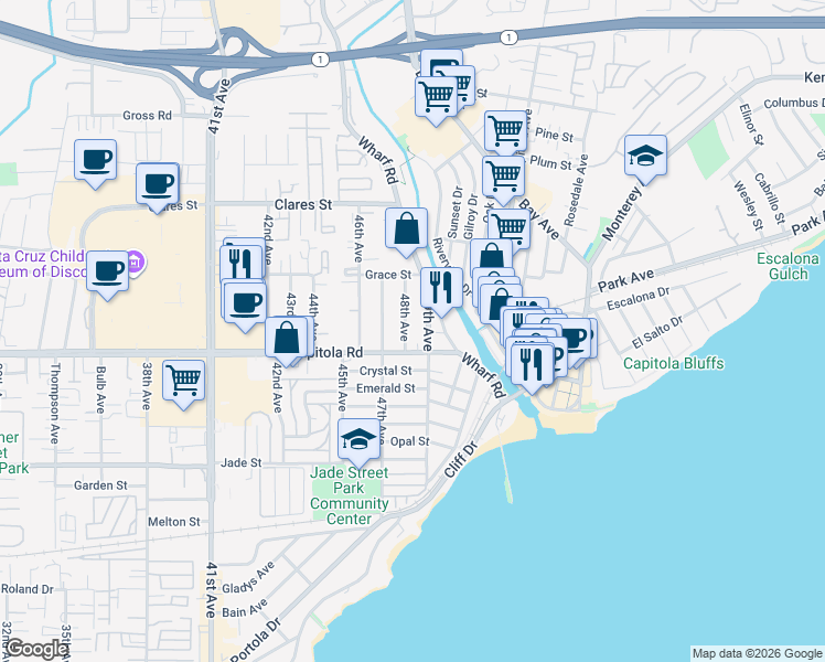 map of restaurants, bars, coffee shops, grocery stores, and more near 1783 48th Avenue in Capitola