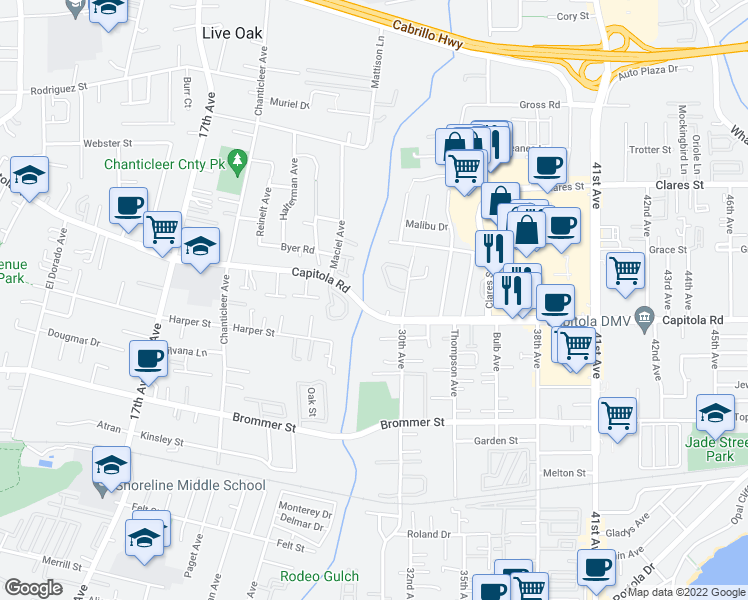 map of restaurants, bars, coffee shops, grocery stores, and more near 2923 Leotar Circle in Santa Cruz