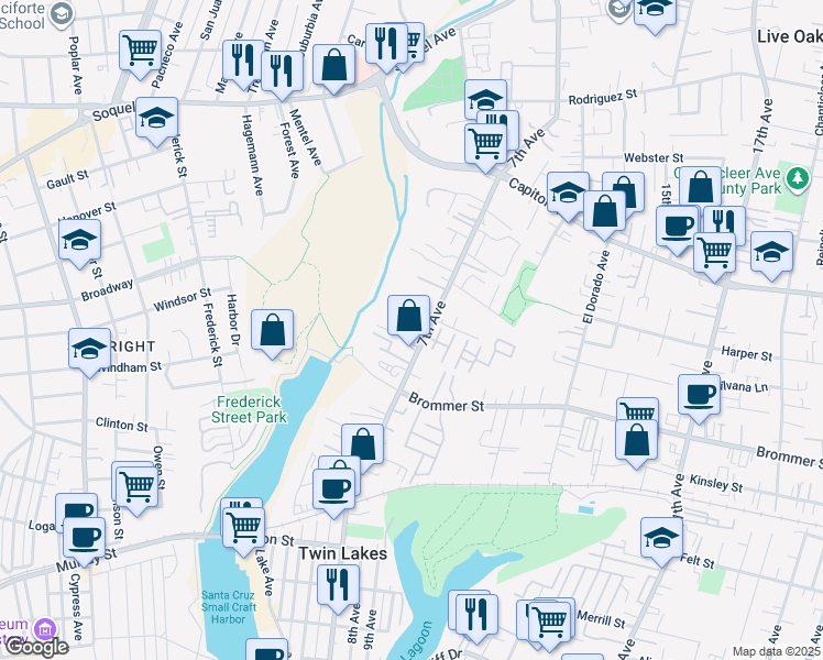 map of restaurants, bars, coffee shops, grocery stores, and more near 1185 7th Avenue in Santa Cruz