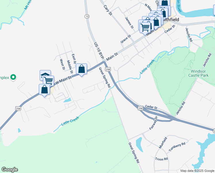 map of restaurants, bars, coffee shops, grocery stores, and more near 208 Great Spring Road in Smithfield