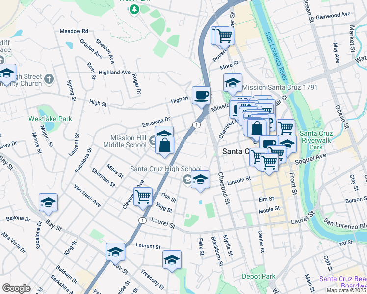 map of restaurants, bars, coffee shops, grocery stores, and more near 603 Mission Street in Santa Cruz