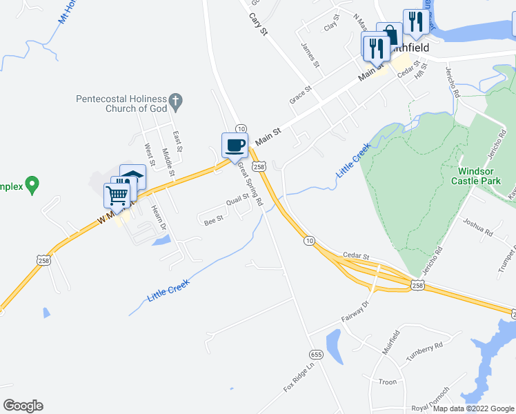 map of restaurants, bars, coffee shops, grocery stores, and more near 208 Great Spring Road in Smithfield