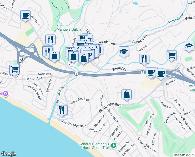 map of restaurants, bars, coffee shops, grocery stores, and more near 361 Moosehead Drive in Aptos