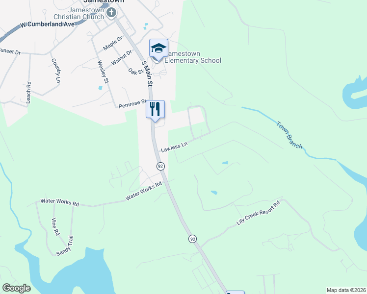 map of restaurants, bars, coffee shops, grocery stores, and more near Lawless Lane in Jamestown