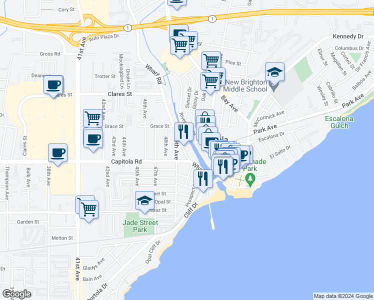 map of restaurants, bars, coffee shops, grocery stores, and more near 1740 Wharf Road in Capitola