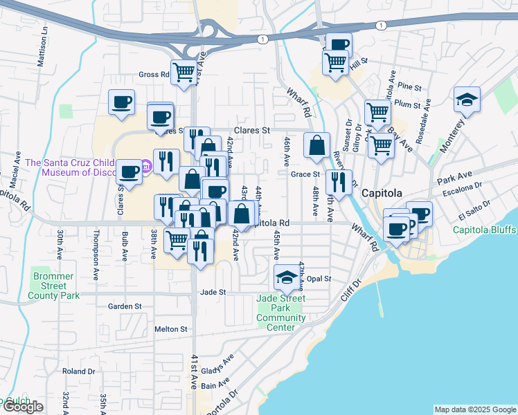 map of restaurants, bars, coffee shops, grocery stores, and more near 1750 44th Avenue in Capitola