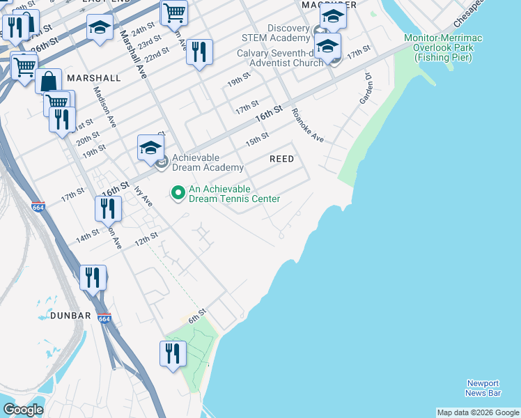 map of restaurants, bars, coffee shops, grocery stores, and more near 1101 Wickham Avenue in Newport News