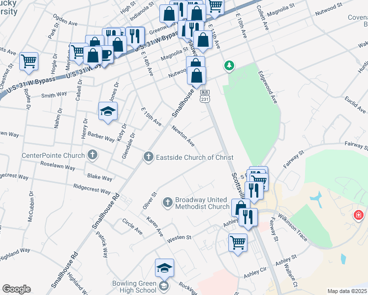 map of restaurants, bars, coffee shops, grocery stores, and more near 1413 Newton Avenue in Bowling Green