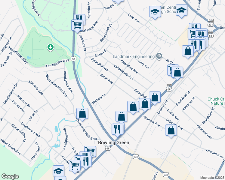 map of restaurants, bars, coffee shops, grocery stores, and more near 291 Hickory Street in Bowling Green