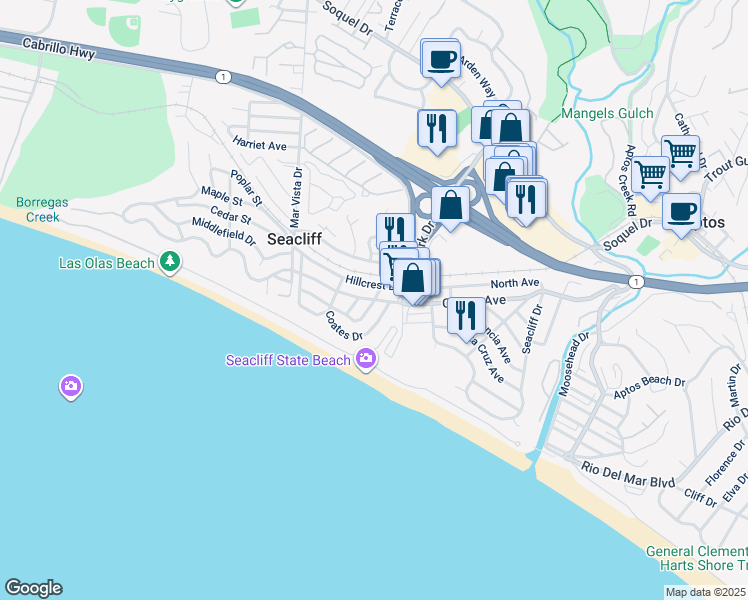 map of restaurants, bars, coffee shops, grocery stores, and more near Seacliff Drive in Aptos