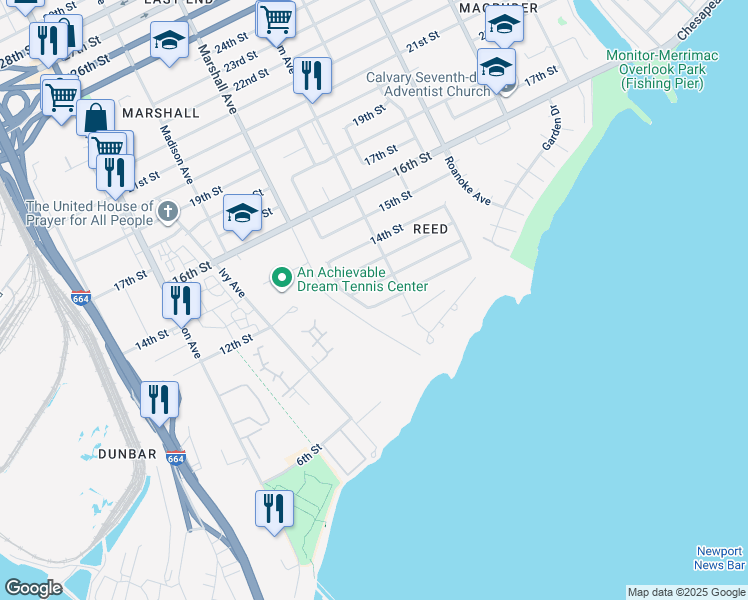map of restaurants, bars, coffee shops, grocery stores, and more near 839 11th Street in Newport News