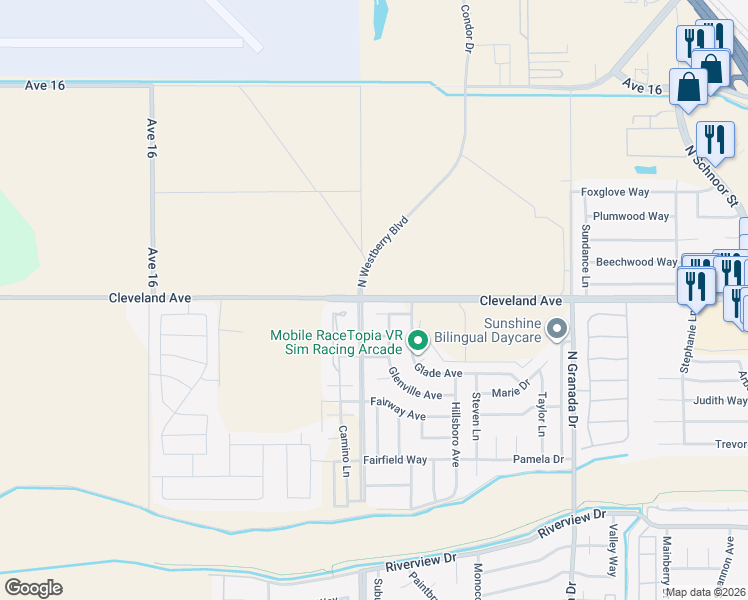 map of restaurants, bars, coffee shops, grocery stores, and more near 3450 Cleveland Avenue in Madera