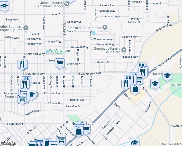 map of restaurants, bars, coffee shops, grocery stores, and more near East Cleveland Avenue & Tulare Street in Madera