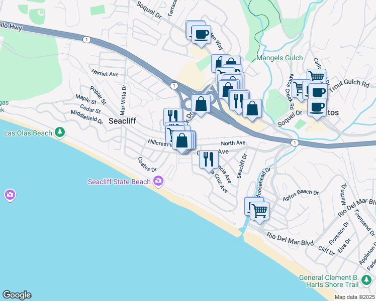 map of restaurants, bars, coffee shops, grocery stores, and more near in Aptos