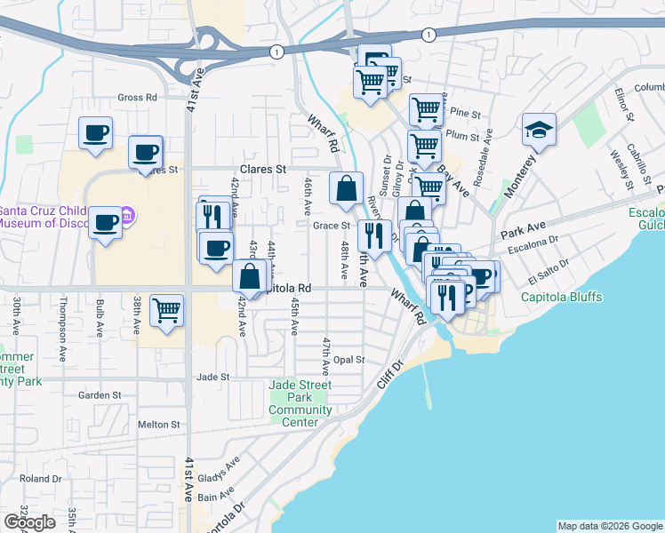 map of restaurants, bars, coffee shops, grocery stores, and more near 1740 47th Avenue in Capitola