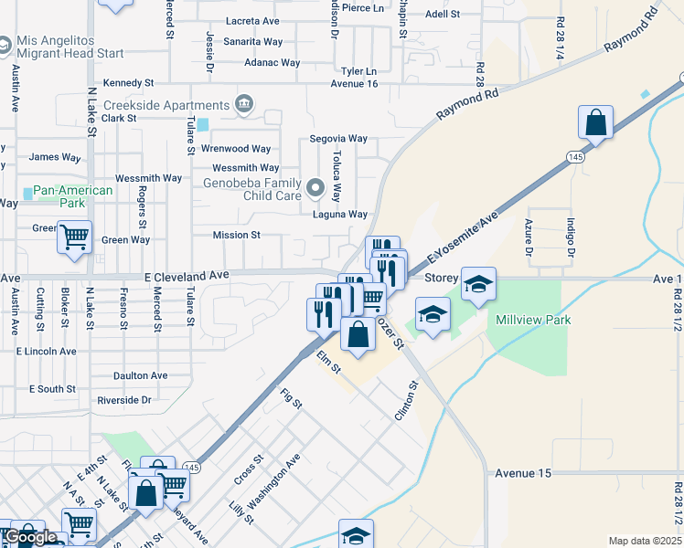 map of restaurants, bars, coffee shops, grocery stores, and more near Raymond Road & East Cleveland Avenue in Madera