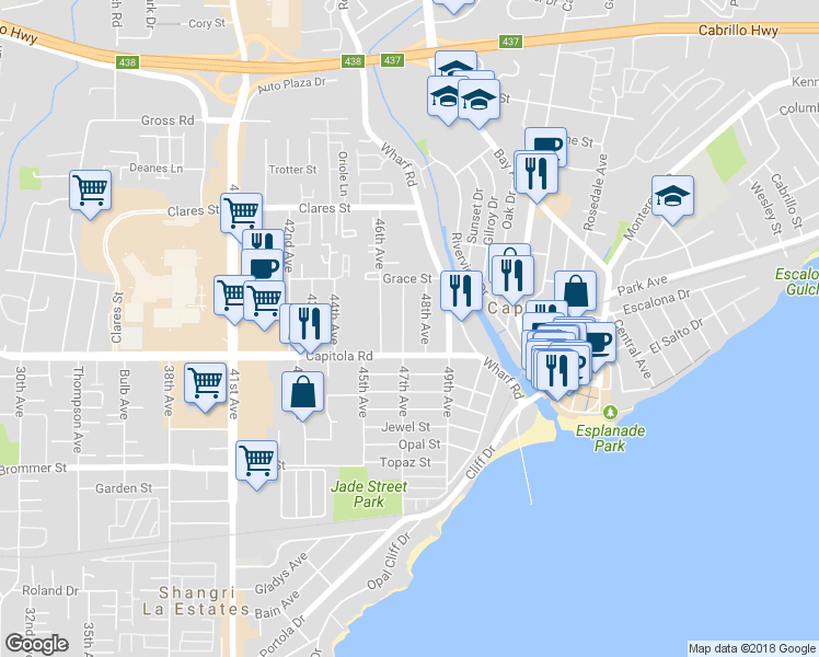 map of restaurants, bars, coffee shops, grocery stores, and more near 1740 47th Avenue in Capitola