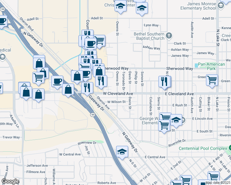 map of restaurants, bars, coffee shops, grocery stores, and more near 1100 Owens Street in Madera
